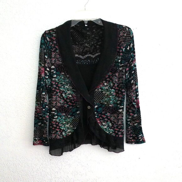 Black colorful floral long sleeve blouse, with little tiny studs and lace detail - Picture 3 of 8